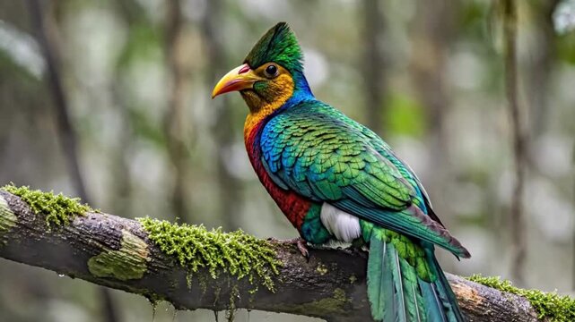Vibrant resplendent quetzal perched on mossy branch in cloud forest