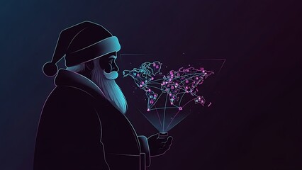 Santa claus using futuristic technology to track global deliveries in a neonlit digital world with a holographic world map display showing connected locations