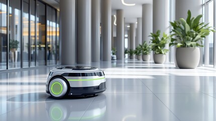A futuristic, small, white and green robot vacuum cleaner with a round shape navigates a modern, sunlit hallway with tall columns and large potted plants