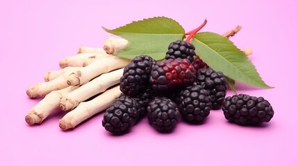 Delicious ripe blackberries with beautiful green leaves and white asparagus on a bright pink background, perfect for summer recipes and healthy eating