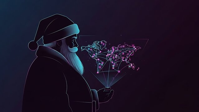 Santa claus using futuristic technology to track global deliveries in a neonlit digital world with a holographic world map display showing connected locations