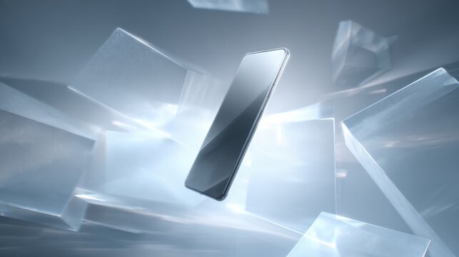 Sleek smartphone floating amidst geometric, transparent abstract forms.