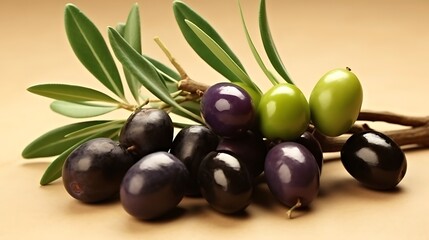 Fresh olives with leaves, a taste of the Mediterranean, perfect for healthy eating campaigns and culinary projects, offering a natural, vibrant touch.