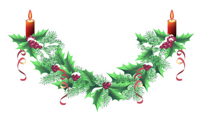 Christmas garland with spruce branch and candles. New Year decortive element.
