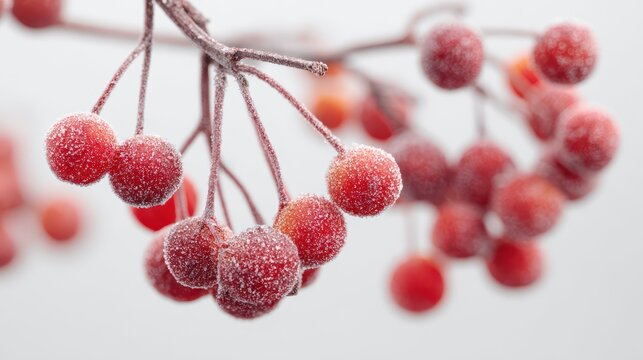 Frosted red berries sparkle on a branch in winter