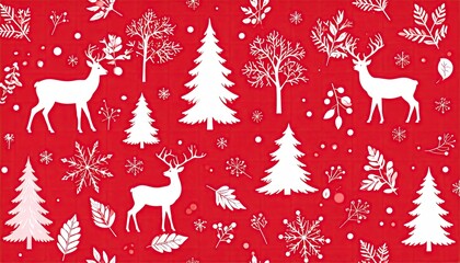 Festive Christmas pattern with white reindeer, pine trees, and snowflakes on red background.