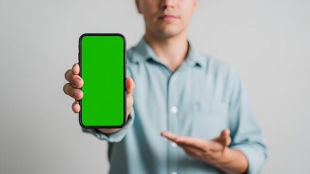 Person holding a smartphone with a green screen, offering a blank canvas for your digital content