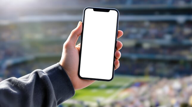 A hand holding a smartphone, showing a blank screen. The background is a blurred stadium with people and green fields, suggesting a sports event. 