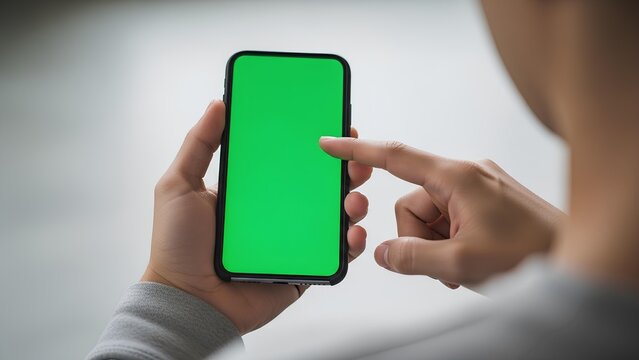 Hand holding smartphone with green screen chroma key for interactive digital content and app development