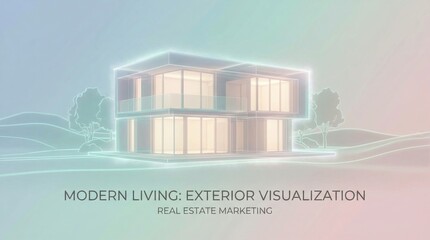 Modern home exterior visualization with a neon outline and soft gradient background