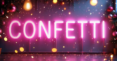 Obraz premium Bright pink neon sign spells confetti. Background features blurred lights, festive decorations, dark ambiance. Celebration, party vibes present.