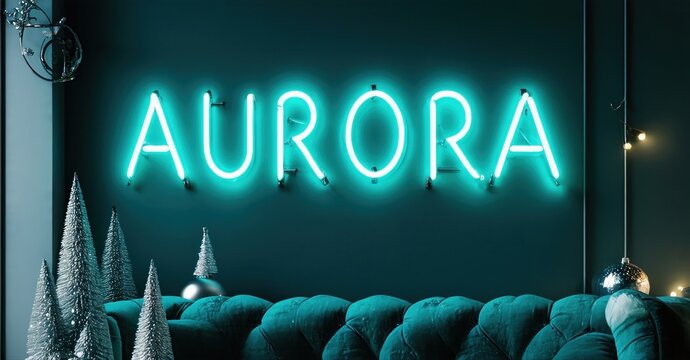 Bright neon sign spells Aurora. Teal wall, sofa, miniature trees create festive mood. Soft lighting enhances cozy interior design. - Powered by Adobe