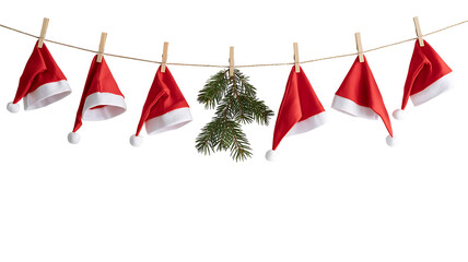Santa hats and fir branch hanging on a rope isolated on transparent background