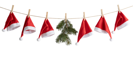 Santa hats and fir branch hanging on a rope isolated on transparent background