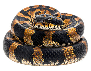 Obraz premium Beautiful coiled black & gold patterned snake, dark background