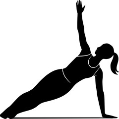 Black and white silhouette of a fit woman performing side plank with raised arm. Fitness, workout, core, exercise