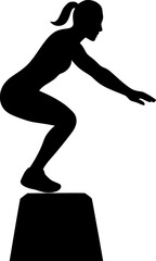 Black and white silhouette of a jump box exercise with athlete jumping. Fitness, workout, plyometrics, gym
