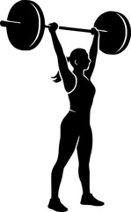 Black and white silhouette of a woman lifting a barbell overhead. Fitness, workout, strength, weightlifting