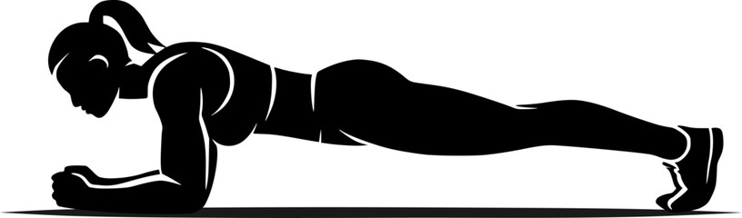 Silhouette of a fitness trainer demonstrating a plank exercise. Fitness, workout, core, gym, strength