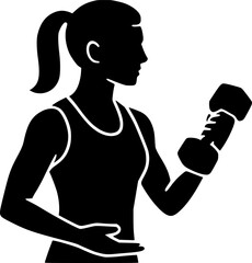 Black and white silhouette of a fitness instructor demonstrating dumbbell technique. Fitness, workout, gym, exercise