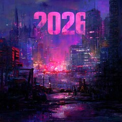A vibrant, futuristic cityscape depicting a neon-lit urban environment with the year "2026" prominently displayed.