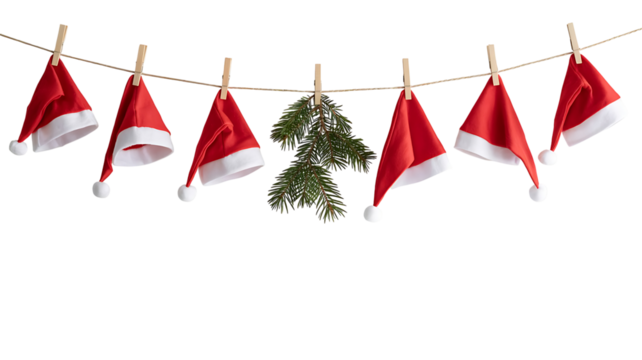 Santa hats and fir branch hanging on a rope isolated on transparent background - Powered by Adobe