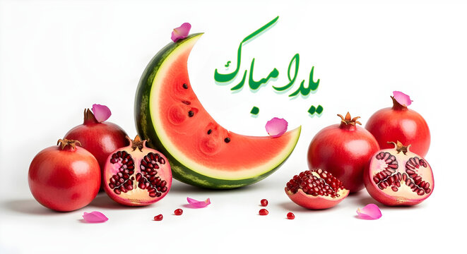 Yalda night celebration, yalda mobarak text in Farsi, pomegranate, watermelon in shape of a moon crescent, on white background, Persian celebration
