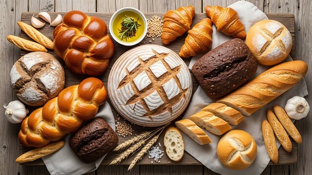 Fresh Baked Bread Assortment on Rustic Wooden Board