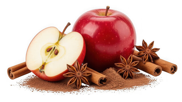 Red apple half, whole apple with cinnamon sticks, star anise, and powder