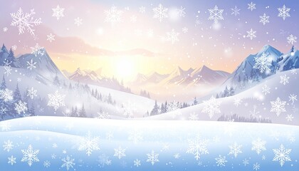 Fototapeta premium Serene winter mountain landscape with falling snow at sunset.