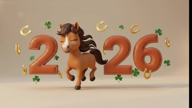 Animated horse leaping in new year 2026 celebration. Festive cartoon pony with lucky clovers and golden horseshoes. Digital zodiac animation sequence for happy new year greetings.