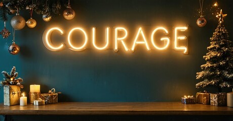Festive scene features glowing courage sign above wooden table. Presents, candles, tree create warm holiday atmosphere.