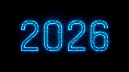 A glowing blue representation of the year "2026" against a dark background, showcasing a futuristic digital aesthetic.