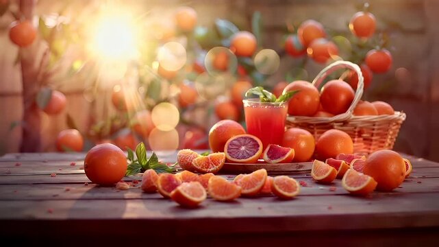 A vivid, sunlit scene featuring a basket of oranges and a glass of juice. The oranges are bright orange, with a glossy sheen, and are arranged in a circular pattern on a wooden surface.