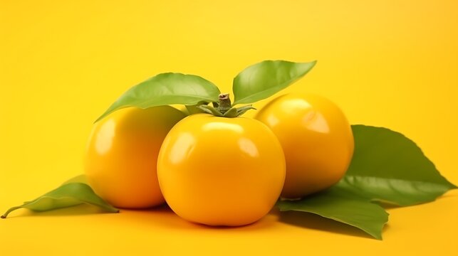 Vibrant yellow tomatoes with fresh green leaves against a sunny backdrop create a modern, eye-catching food still life perfect for healthy eating campaigns - Powered by Adobe