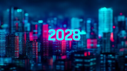 A vibrant futuristic cityscape featuring neon lights with the year "2028" prominently displayed.