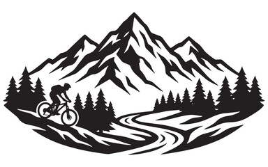 Mountain Bike Silhouette Vector.  Outdoor Adventure Badge & Nature Landscape Vector Art for Travel Logo Design