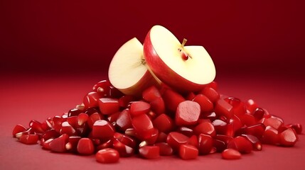 Juicy apple halves and vibrant pomegranate seeds create a stunning still life against a rich red backdrop for healthy lifestyle campaigns