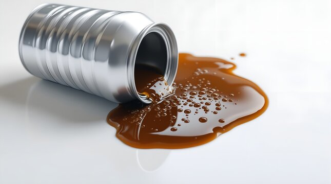 Photograph of a silver can spilling dark brown liquid onto a glossy white surface. The can is tilted, causing the liquid to splash and spread around it. - Powered by Adobe