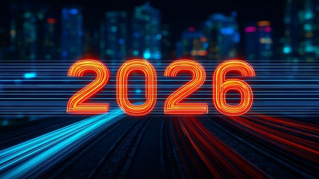 Bright neon numbers "2026" illuminate a dynamic cityscape at night, symbolizing futurism and progress with vibrant light trails.