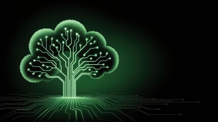 Circuit board tree glowing green, symbolizing cloud computing and digital growth