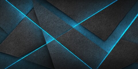 Dark geometric planes intersect with vibrant glowing cyan lines creating a futuristic abstract background