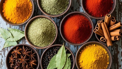 Colorful Spices in Bowls on Rustic Tabletop Still Life