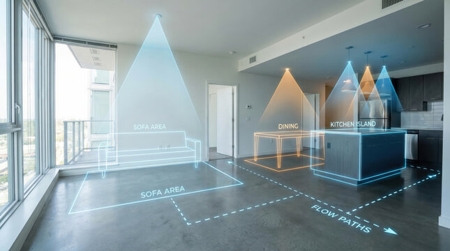 Modern apartment interior with lighting design and flow path visualization