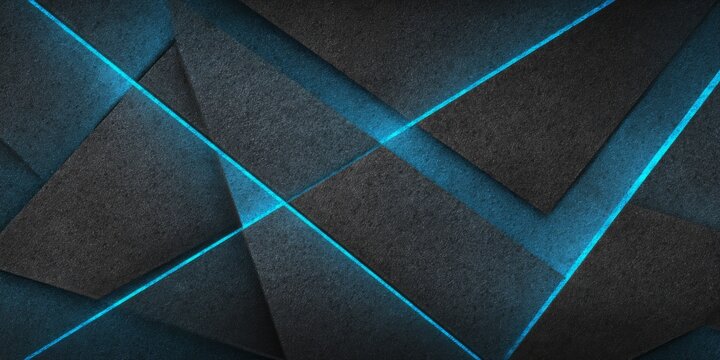 Dark geometric planes intersect with vibrant glowing cyan lines creating a futuristic abstract background
