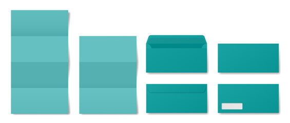 Teal green envelope mockup. Front and back side. Open and closed envelopes. Business correspondence. Address window. Folded letter. Bent paper sheet.