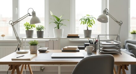 A bright organized home office desk with plants and lamps