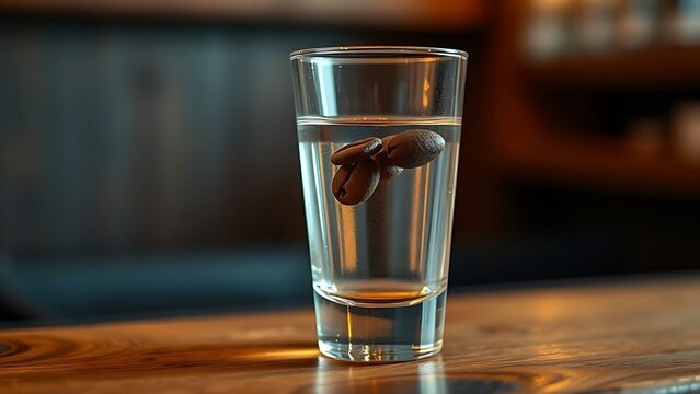 sambuca. Three coffee beans floating in sambuca on a rustic wooden bar. bar promotions, beverage menus, designed for product packaging and bar promotions, used by e-commerce operators.