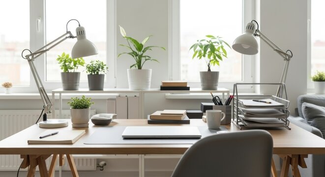 A bright organized home office desk with plants and lamps