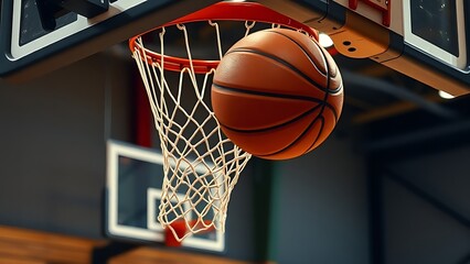 dunk. Basketball in mid-air against hoop net during sports action moment. event key visuals, club posters, designed for sports event promotions and stadium branding, used by fitness trainers.